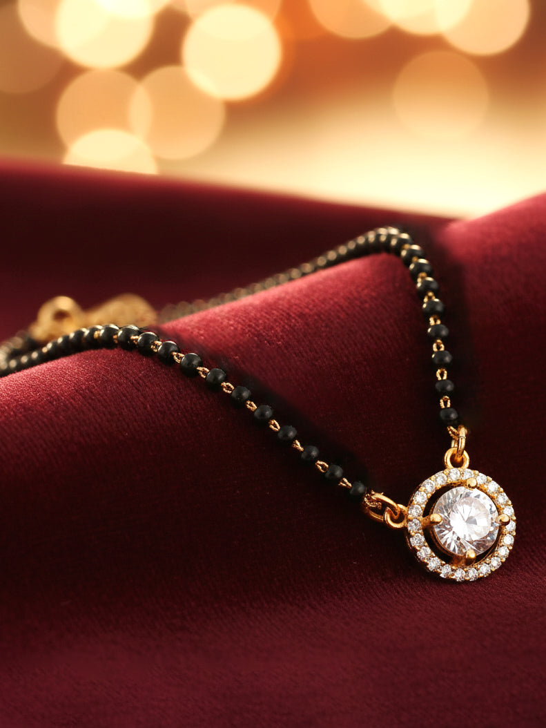 18k Gold-Plated AD Stone Mangalsutra with Black Beads for Women