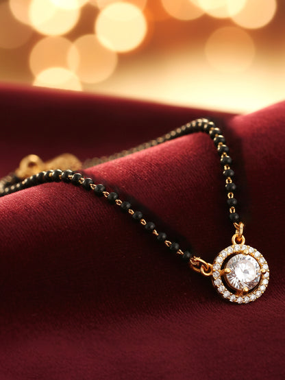 18k Gold-Plated AD Stone Mangalsutra with Black Beads for Women