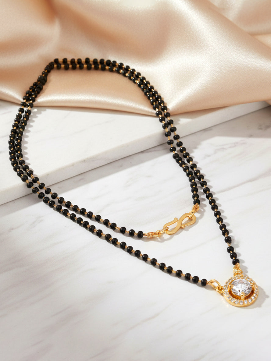 18k Gold-Plated AD Stone Mangalsutra with Black Beads for Women