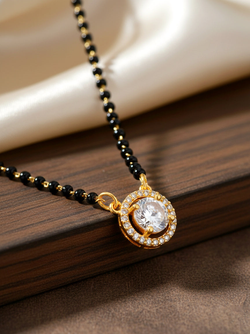 18k Gold-Plated AD Stone Mangalsutra with Black Beads for Women