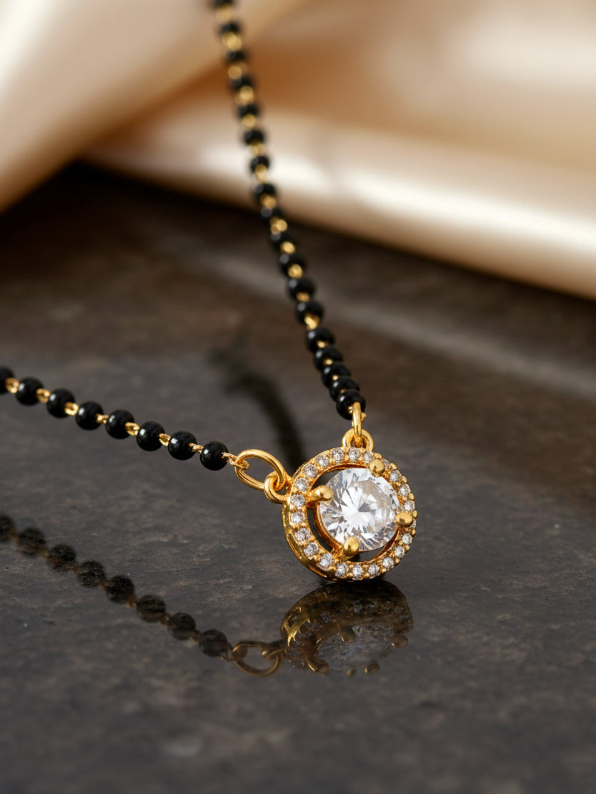 18k Gold-Plated AD Stone Mangalsutra with Black Beads for Women