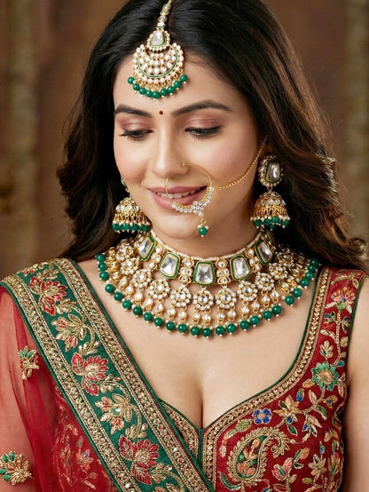 18 KT Gold Plated Kundan Bridal & Semi-Bridal Necklace Set with Earrings, Maang Tikka & Nath (2476-M8SK-1101-G)