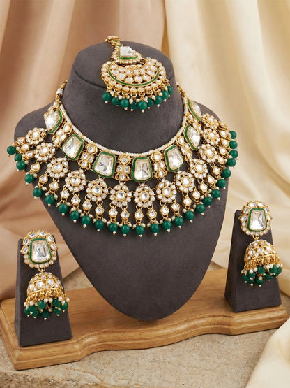 18 KT Gold Plated Kundan Bridal & Semi-Bridal Necklace Set with Earrings, Maang Tikka & Nath (2476-M8SK-1101-G)
