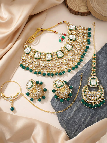 18 KT Gold Plated Kundan Bridal & Semi-Bridal Necklace Set with Earrings, Maang Tikka & Nath (2476-M8SK-1101-G)