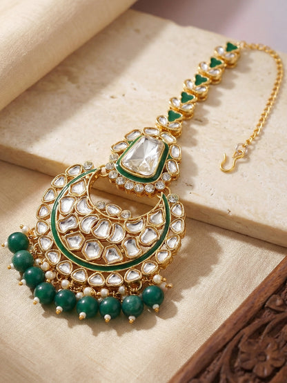 18 KT Gold Plated Kundan Bridal & Semi-Bridal Necklace Set with Earrings, Maang Tikka & Nath (2476-M8SK-1101-G)