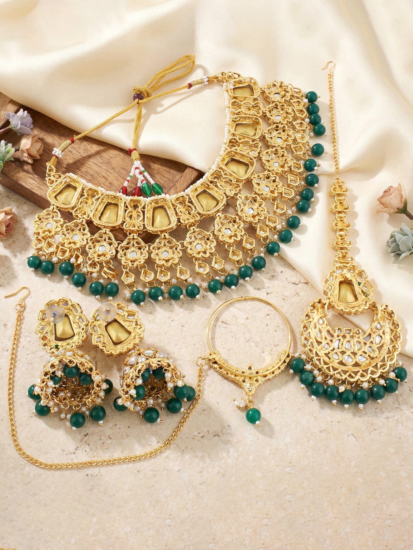 18 KT Gold Plated Kundan Bridal & Semi-Bridal Necklace Set with Earrings, Maang Tikka & Nath (2476-M8SK-1101-G)