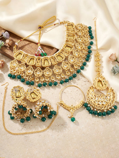 18 KT Gold Plated Kundan Bridal & Semi-Bridal Necklace Set with Earrings, Maang Tikka & Nath (2476-M8SK-1101-G)