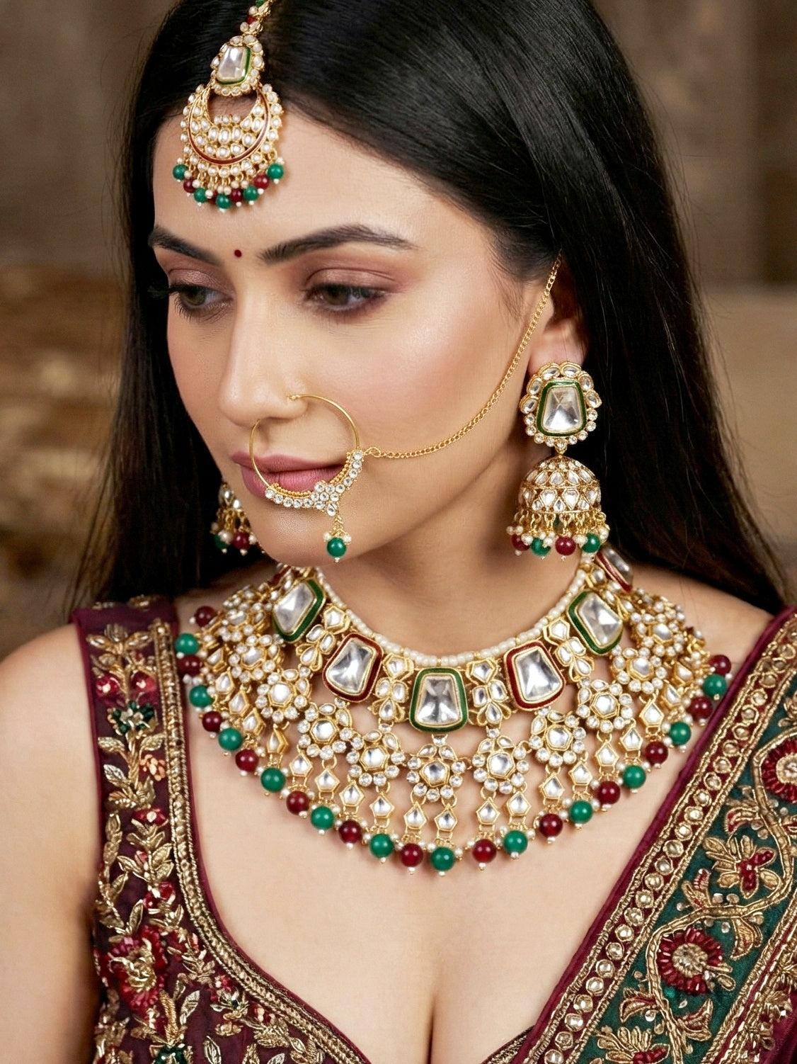 18 KT Gold Plated Maroon Green Kundan Bridal & Semi-Bridal Necklace Set with Earrings, Maang Tikka & Nath (2476-M8SK-1101-MG)