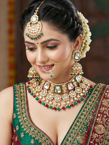 18 KT Gold Plated Maroon Green Kundan Bridal & Semi-Bridal Necklace Set with Earrings, Maang Tikka & Nath (2476-M8SK-1101-MG)