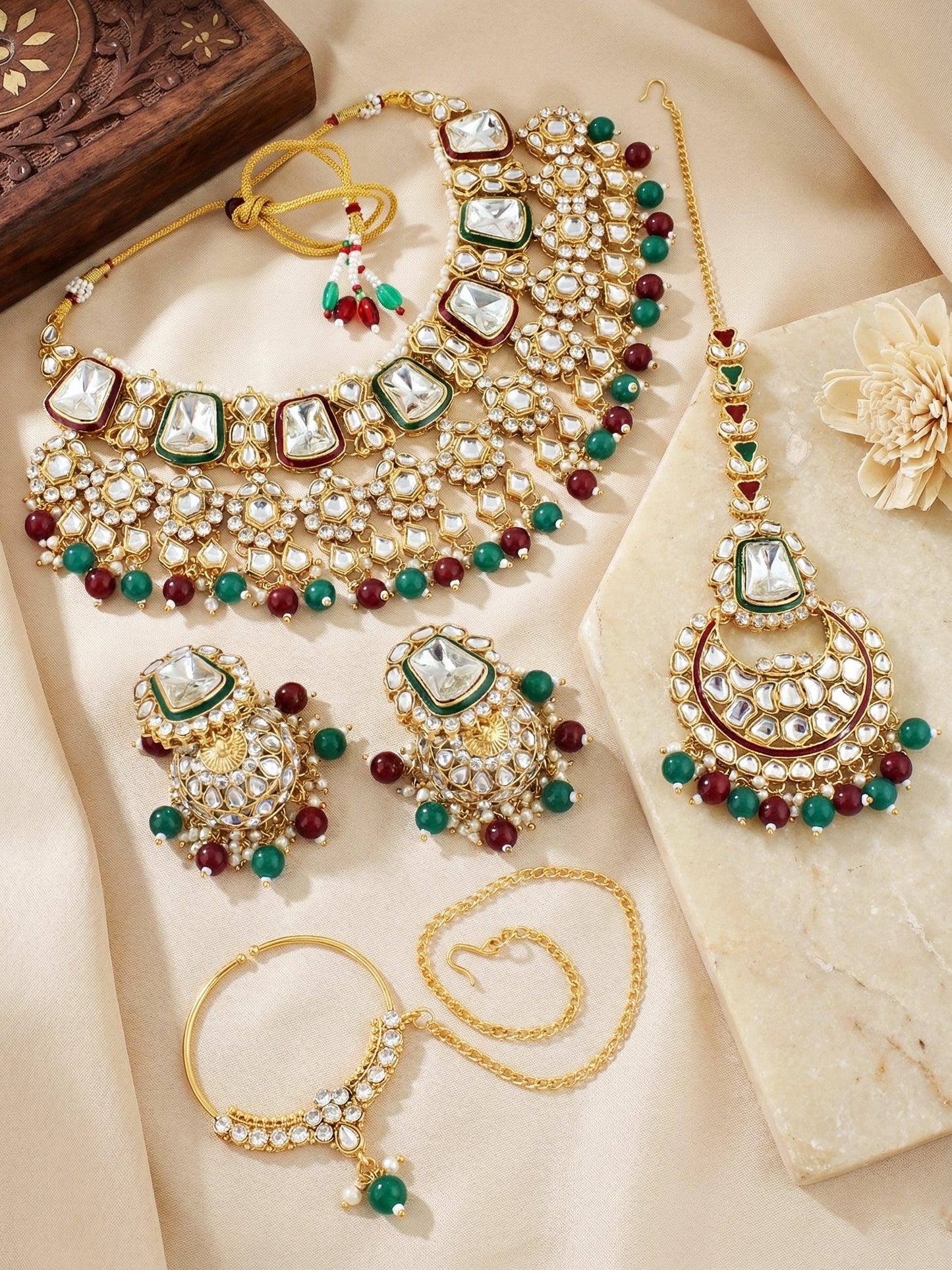 18 KT Gold Plated Maroon Green Kundan Bridal & Semi-Bridal Necklace Set with Earrings, Maang Tikka & Nath (2476-M8SK-1101-MG)
