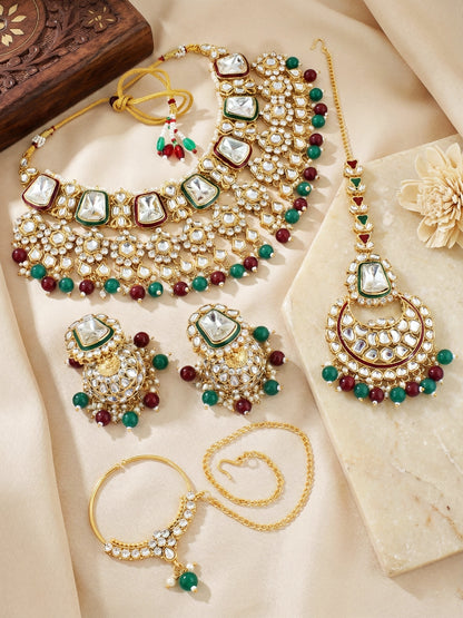 18 KT Gold Plated Maroon Green Kundan Bridal & Semi-Bridal Necklace Set with Earrings, Maang Tikka & Nath (2476-M8SK-1101-MG)