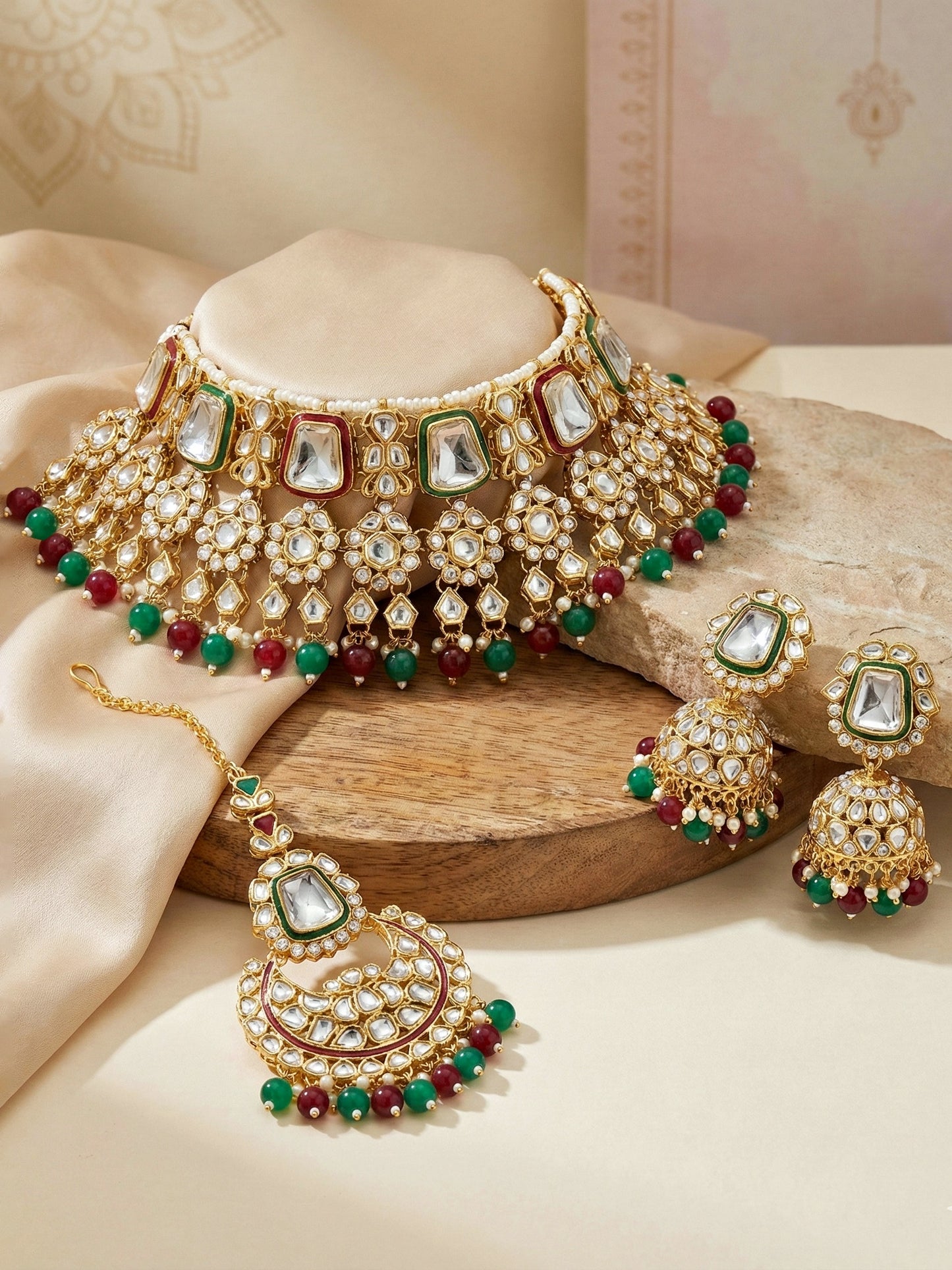 18 KT Gold Plated Maroon Green Kundan Bridal & Semi-Bridal Necklace Set with Earrings, Maang Tikka & Nath (2476-M8SK-1101-MG)