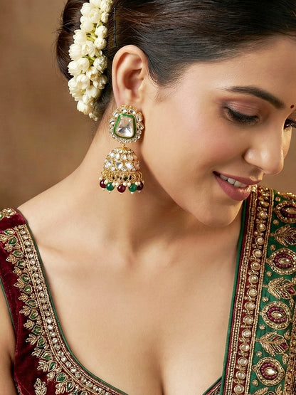 18 KT Gold Plated Maroon Green Kundan Bridal & Semi-Bridal Necklace Set with Earrings, Maang Tikka & Nath (2476-M8SK-1101-MG)