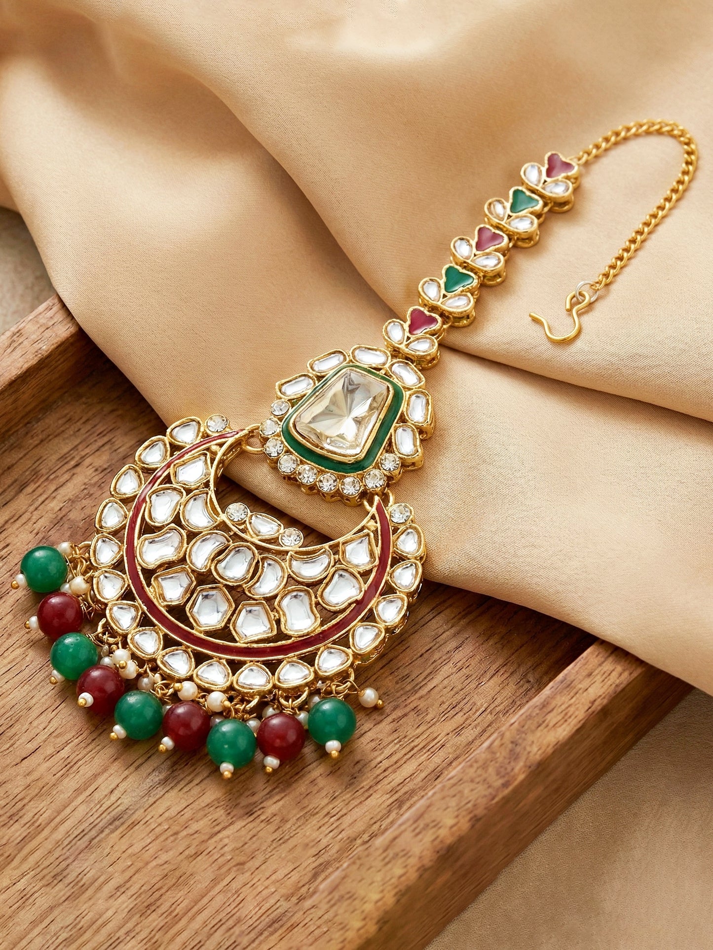18 KT Gold Plated Maroon Green Kundan Bridal & Semi-Bridal Necklace Set with Earrings, Maang Tikka & Nath (2476-M8SK-1101-MG)