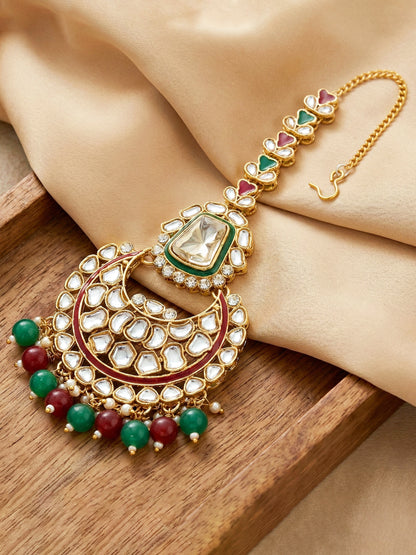 18 KT Gold Plated Maroon Green Kundan Bridal & Semi-Bridal Necklace Set with Earrings, Maang Tikka & Nath (2476-M8SK-1101-MG)