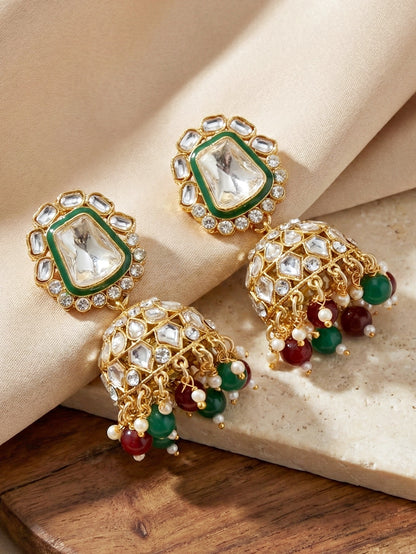 18 KT Gold Plated Maroon Green Kundan Bridal & Semi-Bridal Necklace Set with Earrings, Maang Tikka & Nath (2476-M8SK-1101-MG)