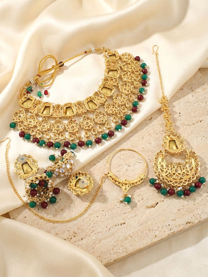 18 KT Gold Plated Maroon Green Kundan Bridal & Semi-Bridal Necklace Set with Earrings, Maang Tikka & Nath (2476-M8SK-1101-MG)