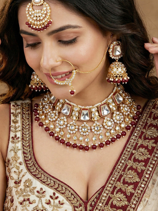 18 KT Gold Plated Maroon Kundan Bridal & Semi-Bridal Necklace Set with Earrings, Maang Tikka & Nath (2476-M8SK-1101-M)