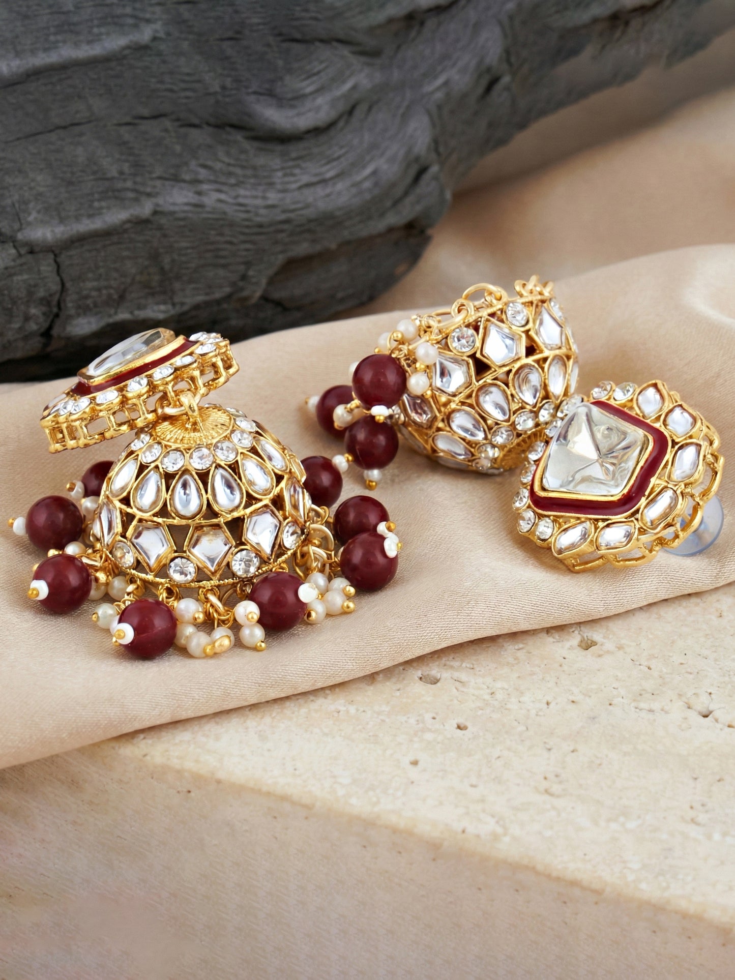 18 KT Gold Plated Maroon Kundan Bridal & Semi-Bridal Necklace Set with Earrings, Maang Tikka & Nath (2476-M8SK-1101-M)