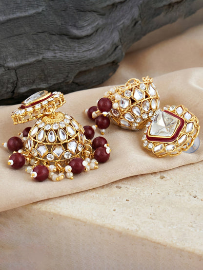 18 KT Gold Plated Maroon Kundan Bridal & Semi-Bridal Necklace Set with Earrings, Maang Tikka & Nath (2476-M8SK-1101-M)