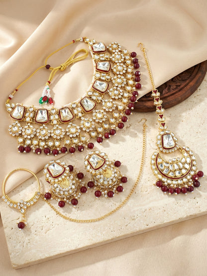 18 KT Gold Plated Maroon Kundan Bridal & Semi-Bridal Necklace Set with Earrings, Maang Tikka & Nath (2476-M8SK-1101-M)