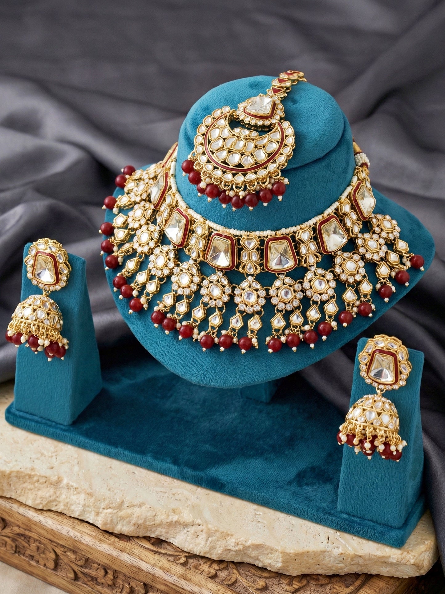 18 KT Gold Plated Maroon Kundan Bridal & Semi-Bridal Necklace Set with Earrings, Maang Tikka & Nath (2476-M8SK-1101-M)