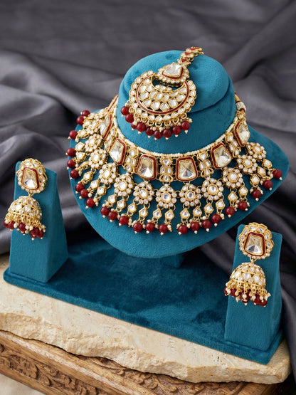 18 KT Gold Plated Maroon Kundan Bridal & Semi-Bridal Necklace Set with Earrings, Maang Tikka & Nath (2476-M8SK-1101-M)