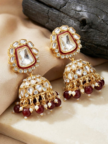 18 KT Gold Plated Maroon Kundan Bridal & Semi-Bridal Necklace Set with Earrings, Maang Tikka & Nath (2476-M8SK-1101-M)
