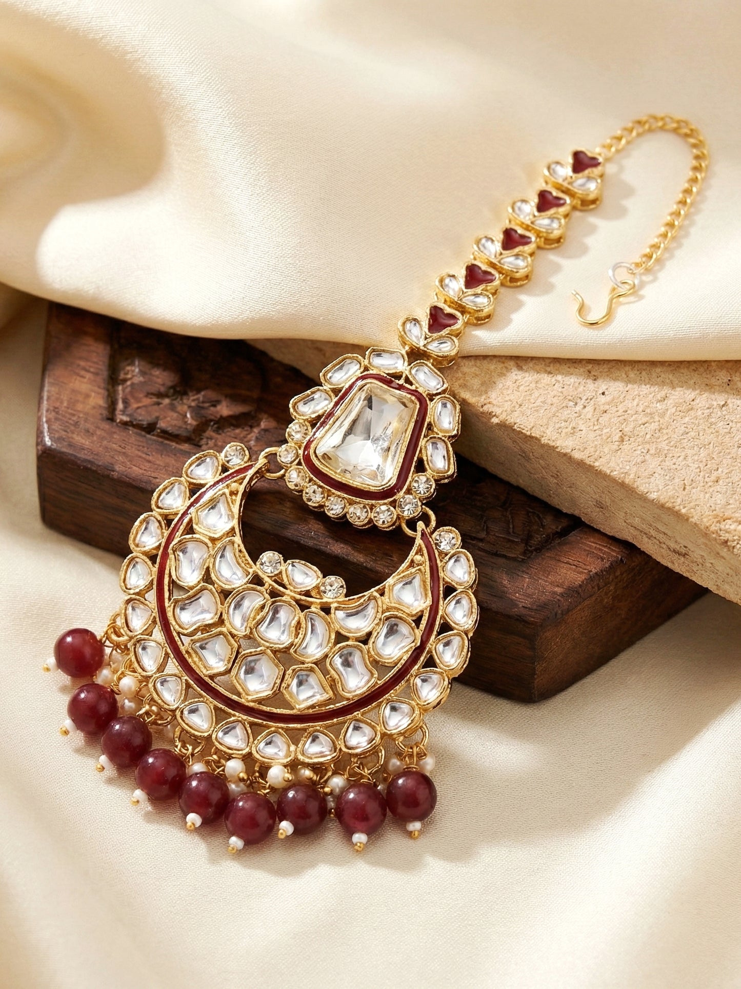18 KT Gold Plated Maroon Kundan Bridal & Semi-Bridal Necklace Set with Earrings, Maang Tikka & Nath (2476-M8SK-1101-M)