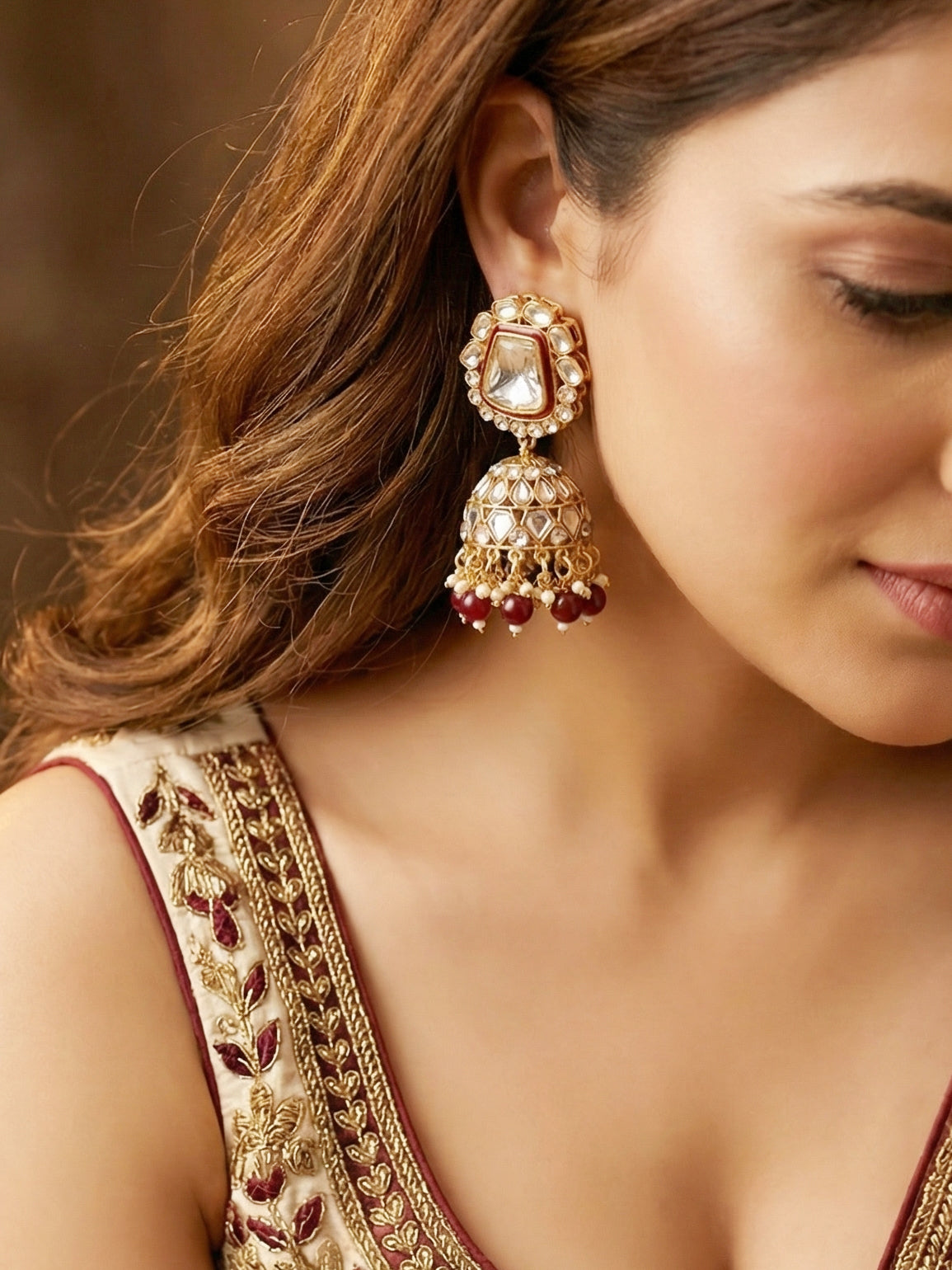 18 KT Gold Plated Maroon Kundan Bridal & Semi-Bridal Necklace Set with Earrings, Maang Tikka & Nath (2476-M8SK-1101-M)