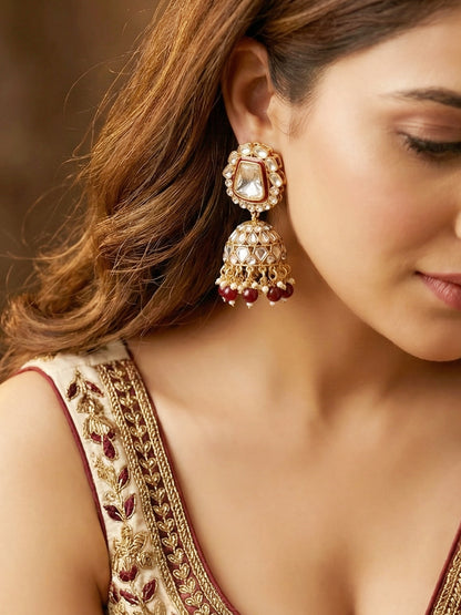 18 KT Gold Plated Maroon Kundan Bridal & Semi-Bridal Necklace Set with Earrings, Maang Tikka & Nath (2476-M8SK-1101-M)