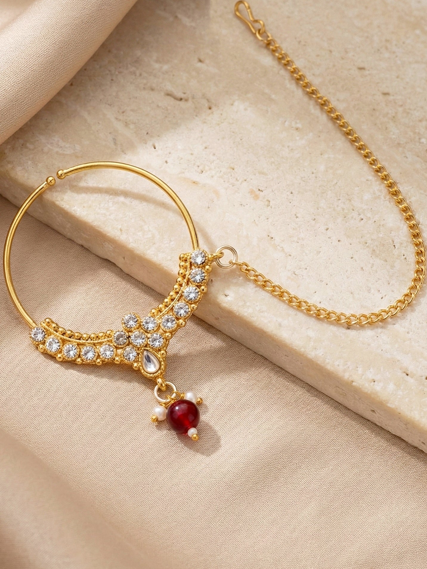 18 KT Gold Plated Maroon Kundan Bridal & Semi-Bridal Necklace Set with Earrings, Maang Tikka & Nath (2476-M8SK-1101-M)