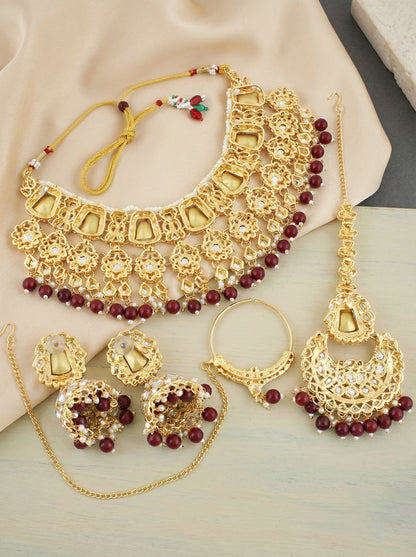 18 KT Gold Plated Maroon Kundan Bridal & Semi-Bridal Necklace Set with Earrings, Maang Tikka & Nath (2476-M8SK-1101-M)