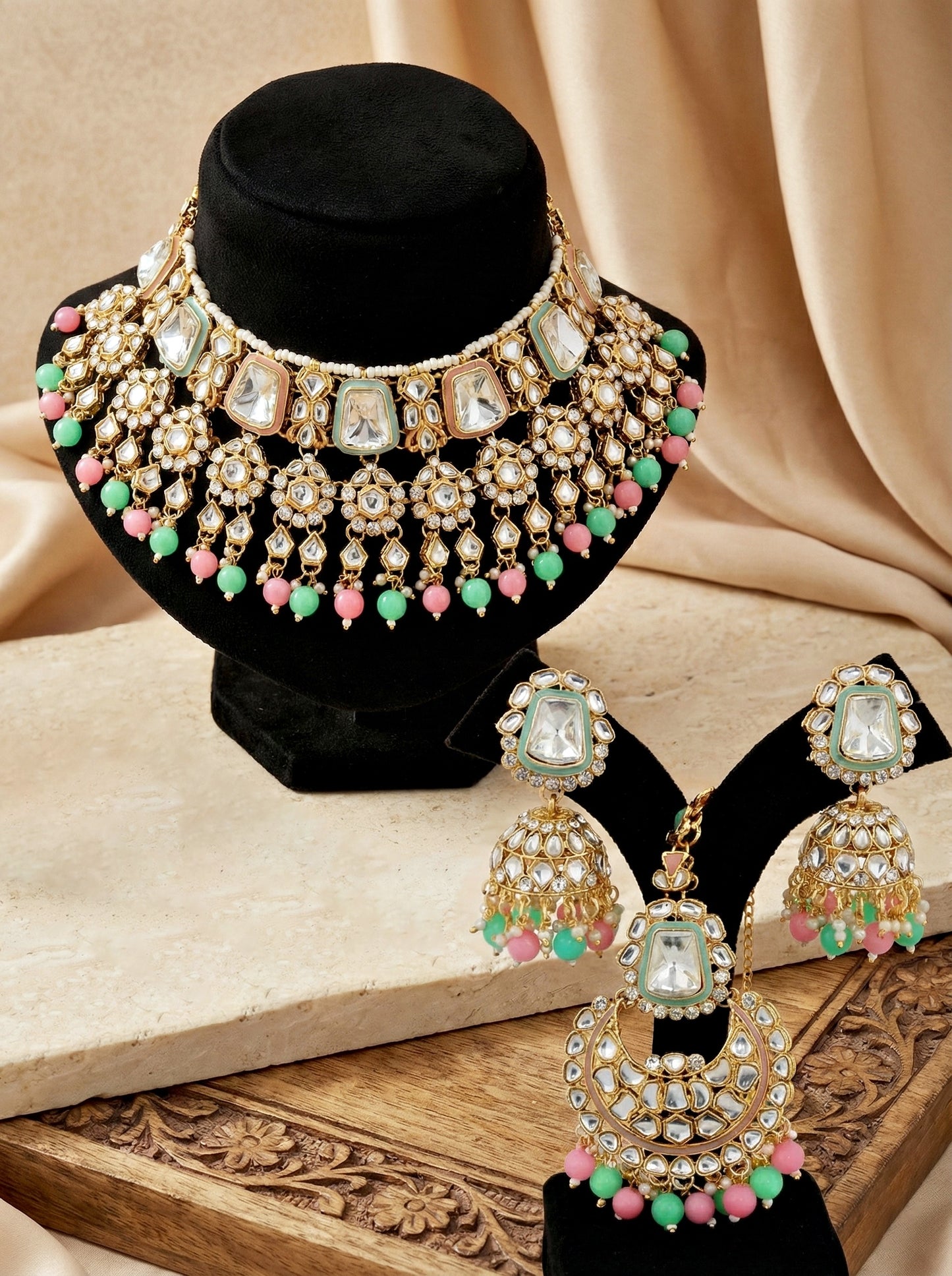 18 KT Gold Plated Pink Mint Kundan Bridal & Semi-Bridal Necklace Set with Earrings, Maang Tikka & Nath (2476-M8SK-1101-PKMNT)