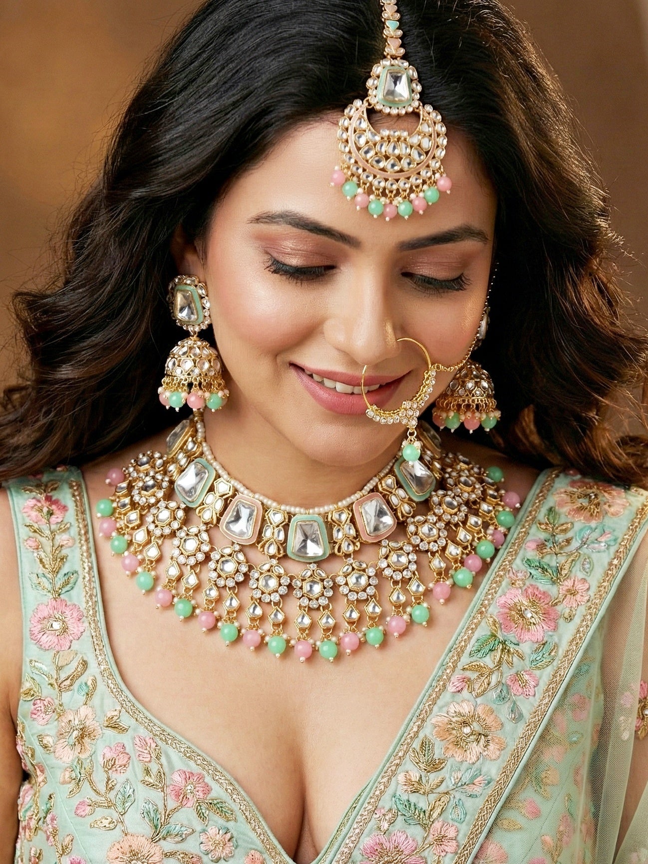 18 KT Gold Plated Pink Mint Kundan Bridal & Semi-Bridal Necklace Set with Earrings, Maang Tikka & Nath (2476-M8SK-1101-PKMNT)