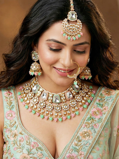 18 KT Gold Plated Pink Mint Kundan Bridal & Semi-Bridal Necklace Set with Earrings, Maang Tikka & Nath (2476-M8SK-1101-PKMNT)