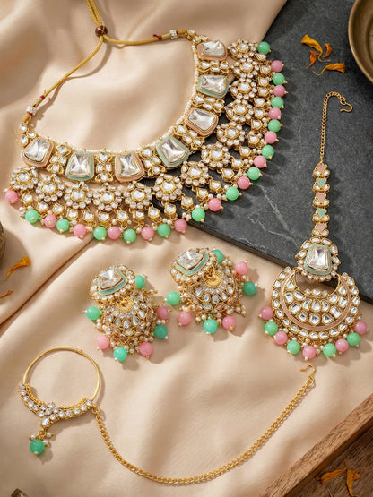 18 KT Gold Plated Pink Mint Kundan Bridal & Semi-Bridal Necklace Set with Earrings, Maang Tikka & Nath (2476-M8SK-1101-PKMNT)