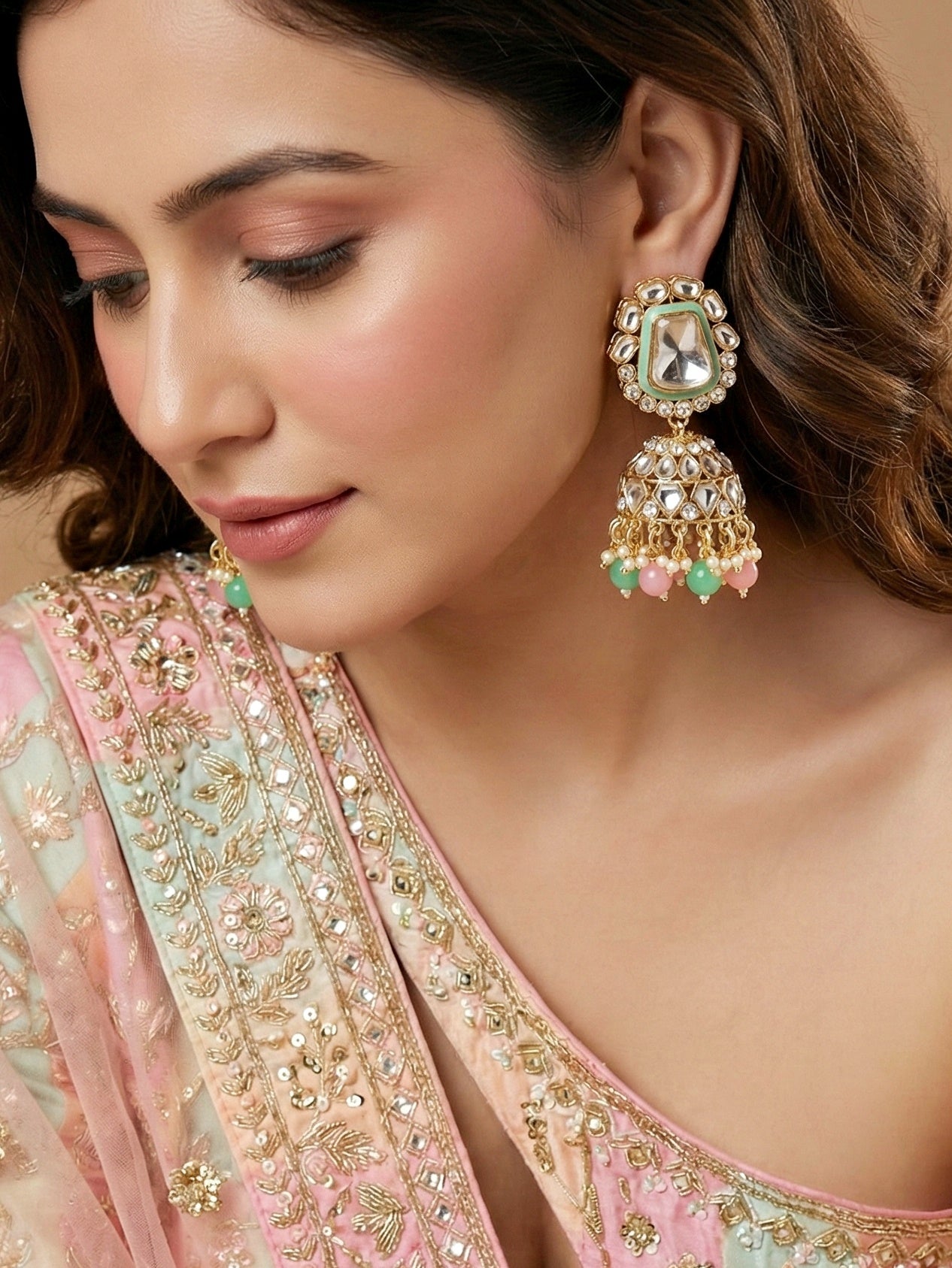18 KT Gold Plated Pink Mint Kundan Bridal & Semi-Bridal Necklace Set with Earrings, Maang Tikka & Nath (2476-M8SK-1101-PKMNT)