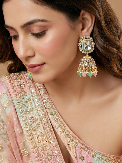 18 KT Gold Plated Pink Mint Kundan Bridal & Semi-Bridal Necklace Set with Earrings, Maang Tikka & Nath (2476-M8SK-1101-PKMNT)