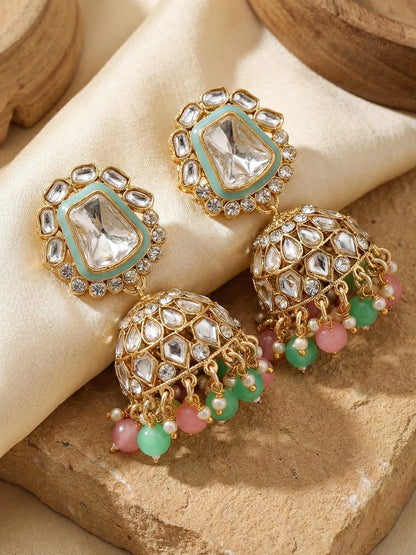 18 KT Gold Plated Pink Mint Kundan Bridal & Semi-Bridal Necklace Set with Earrings, Maang Tikka & Nath (2476-M8SK-1101-PKMNT)