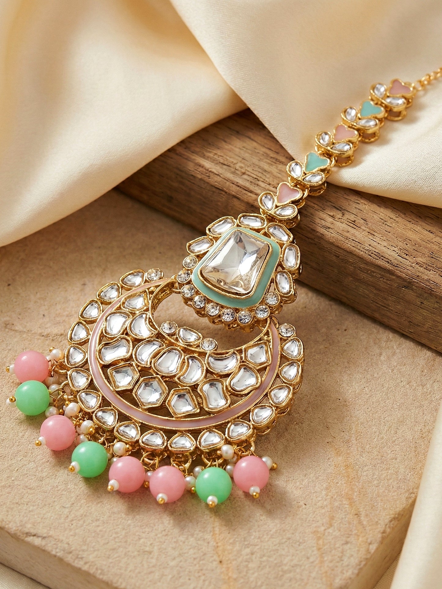 18 KT Gold Plated Pink Mint Kundan Bridal & Semi-Bridal Necklace Set with Earrings, Maang Tikka & Nath (2476-M8SK-1101-PKMNT)