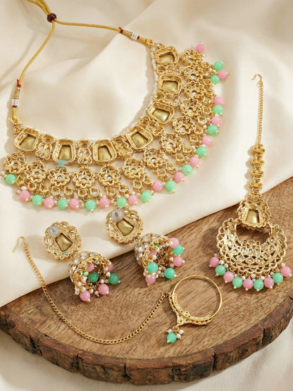 18 KT Gold Plated Pink Mint Kundan Bridal & Semi-Bridal Necklace Set with Earrings, Maang Tikka & Nath (2476-M8SK-1101-PKMNT)