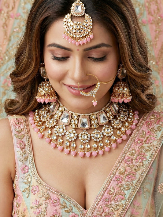 18 KT Gold Plated Pink Kundan Bridal & Semi-Bridal Necklace Set with Earrings, Maang Tikka & Nath (2476-M8SK-1101-PK)