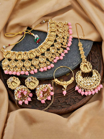 18 KT Gold Plated Pink Kundan Bridal & Semi-Bridal Necklace Set with Earrings, Maang Tikka & Nath (2476-M8SK-1101-PK)