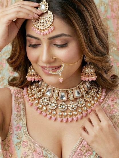 18 KT Gold Plated Pink Kundan Bridal & Semi-Bridal Necklace Set with Earrings, Maang Tikka & Nath (2476-M8SK-1101-PK)
