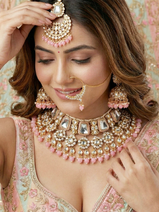 18 KT Gold Plated Pink Kundan Bridal & Semi-Bridal Necklace Set with Earrings, Maang Tikka & Nath (2476-M8SK-1101-PK)