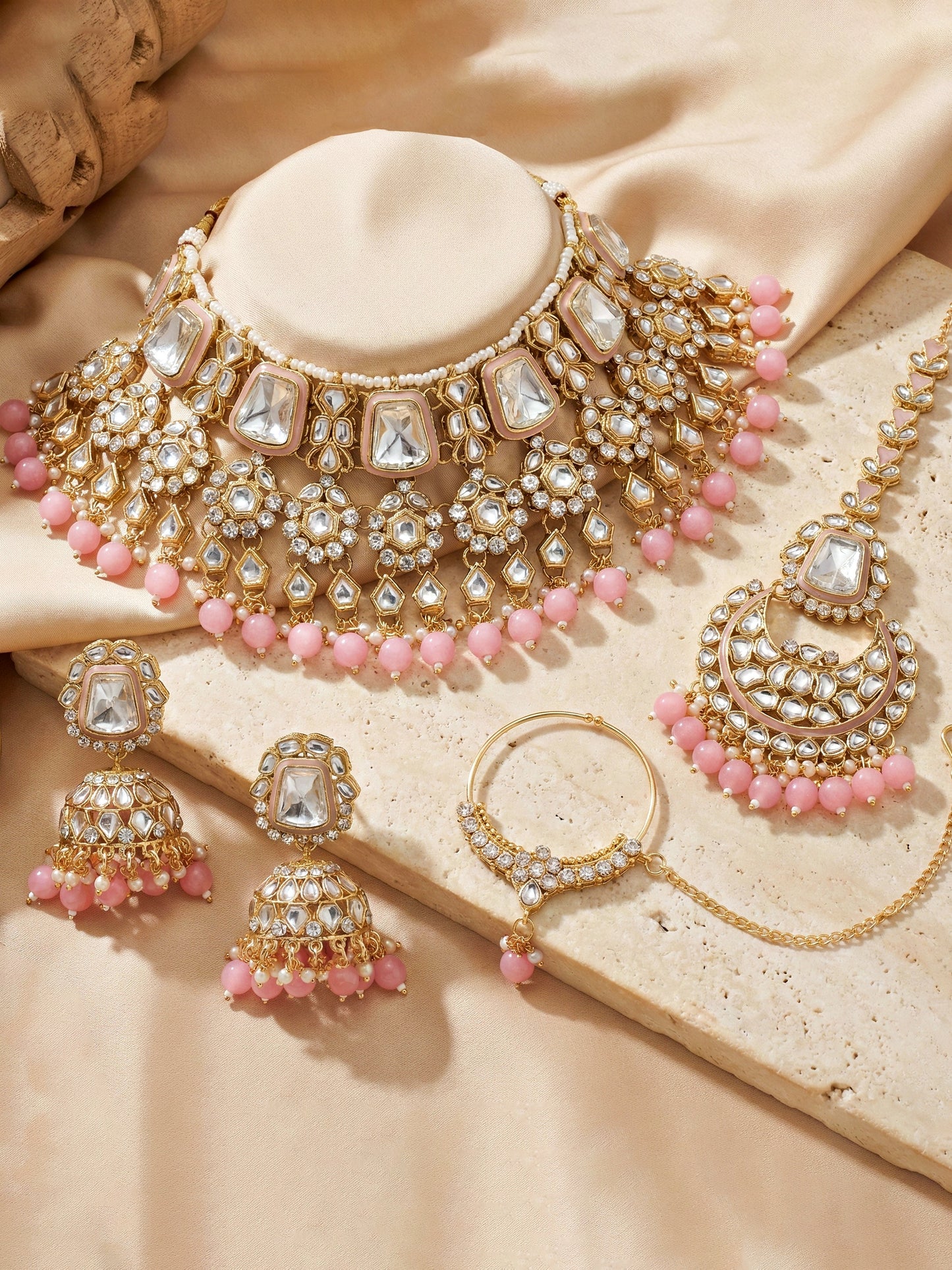 18 KT Gold Plated Pink Kundan Bridal & Semi-Bridal Necklace Set with Earrings, Maang Tikka & Nath (2476-M8SK-1101-PK)