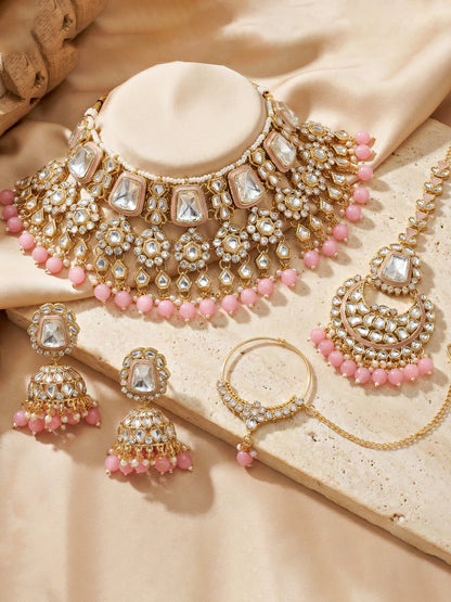 18 KT Gold Plated Pink Kundan Bridal & Semi-Bridal Necklace Set with Earrings, Maang Tikka & Nath (2476-M8SK-1101-PK)