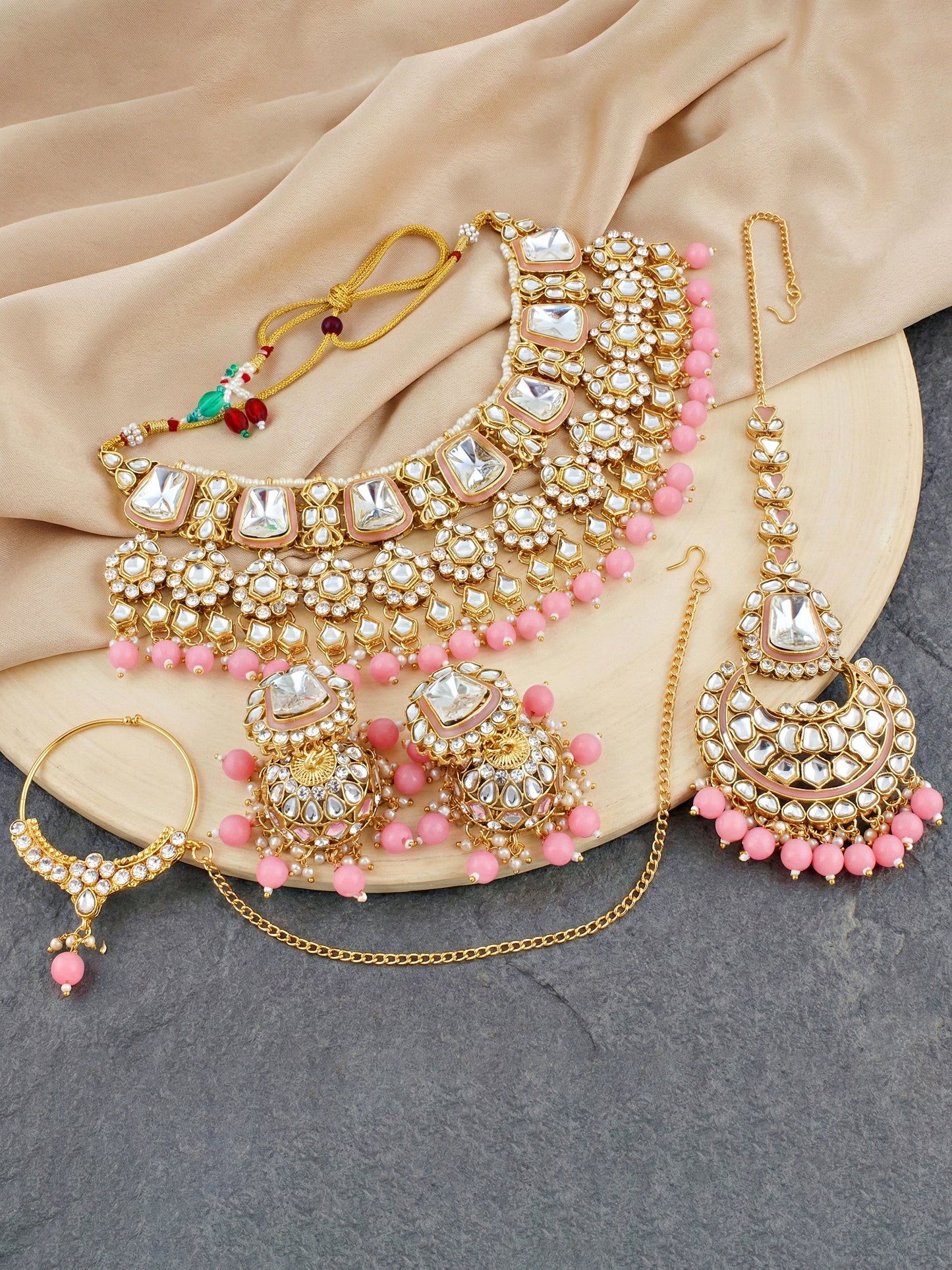 18 KT Gold Plated Pink Kundan Bridal & Semi-Bridal Necklace Set with Earrings, Maang Tikka & Nath (2476-M8SK-1101-PK)