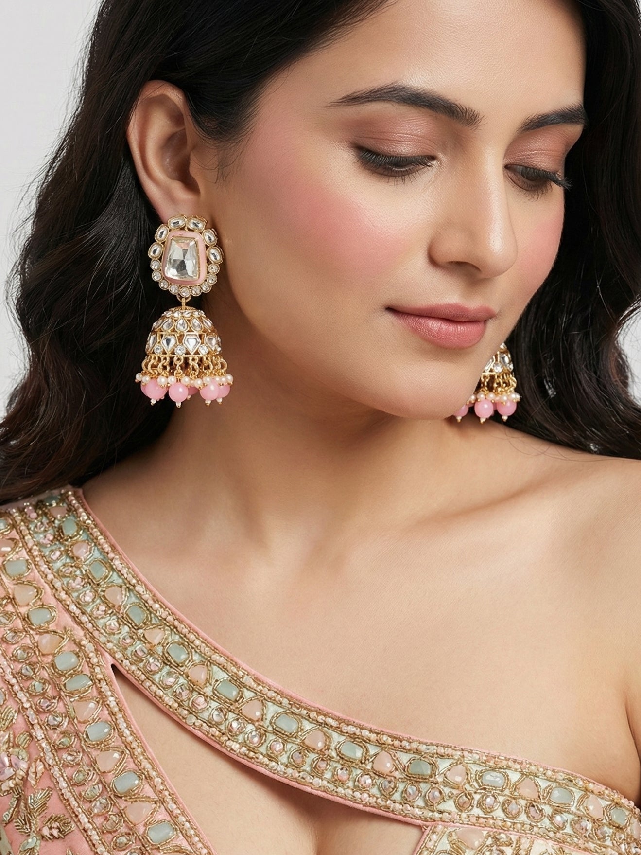 18 KT Gold Plated Pink Kundan Bridal & Semi-Bridal Necklace Set with Earrings, Maang Tikka & Nath (2476-M8SK-1101-PK)